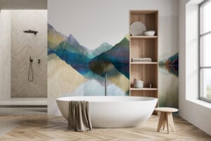 Light bathroom interior with shower and white bathtub on hardwood floor. Bathing accessories on shelf in wall, window on countryside. Copy space empty white wall, 3D rendering